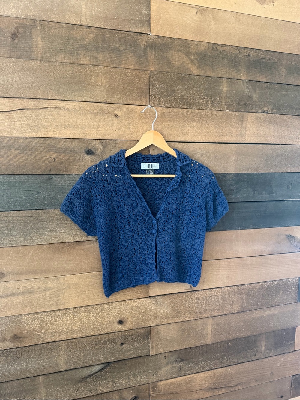 Y2K Navy Crochet Knit Cardigan Top Ramie Cotton Cottagecore Boho - Picture 6 of 8